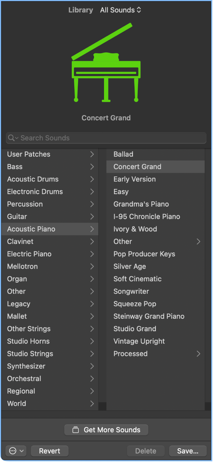 Figure. Library open, showing patch categories.