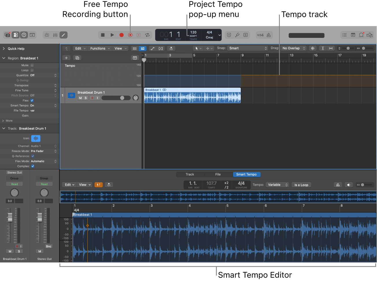 Figure. Project showing recording, Adapt mode chosen, tempo changes in the Tempo track, and the Smart Tempo Editor open.