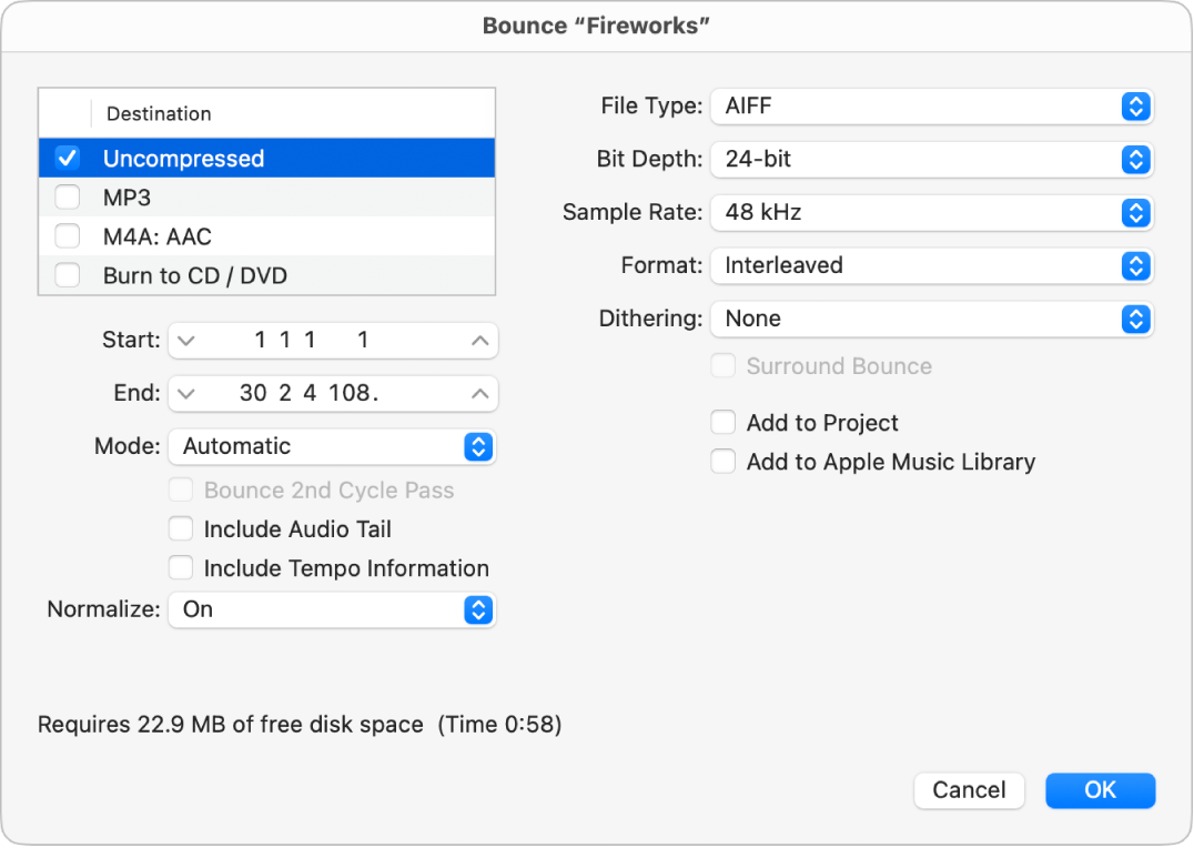 Figure. Uncompressed options in the Bounce dialog.