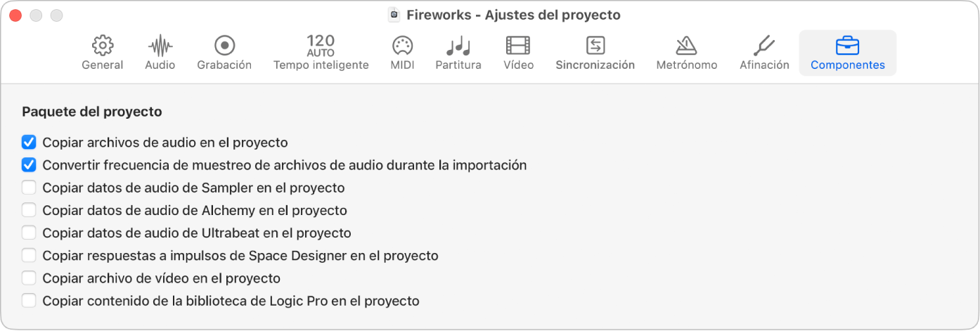 Ilustración. Panel Componentes de ajustes del proyecto.