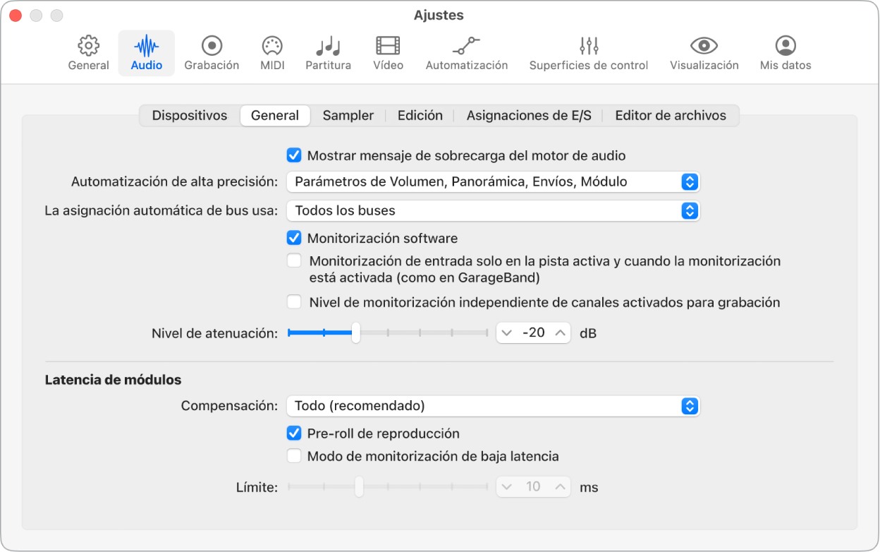 Ilustración. Ajustes generales de audio.