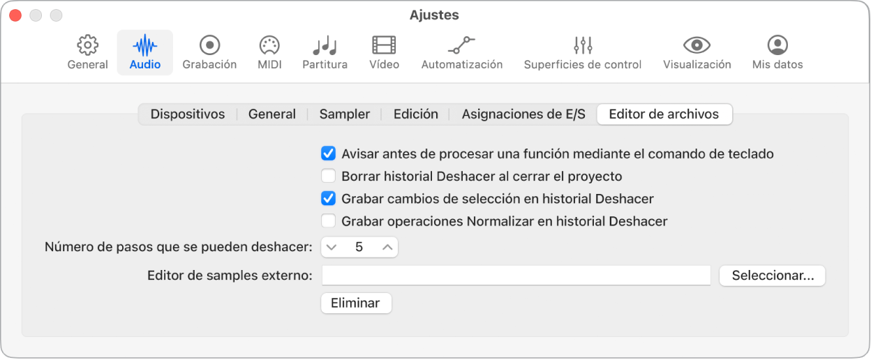 Ilustración. Ajustes del editor de archivos de audio.