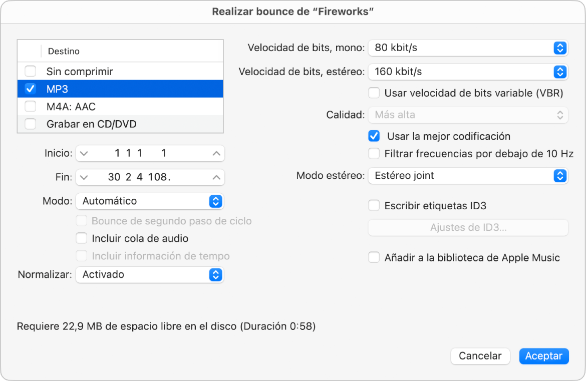 Ilustración. Opciones de MP3 en el cuadro de diálogo Bounce.