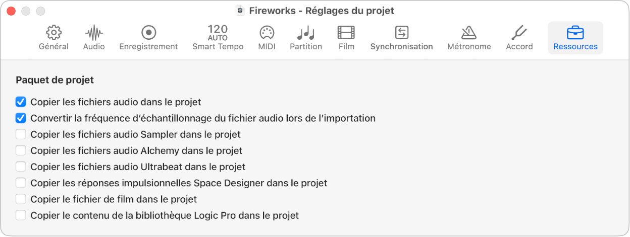 Figure. Réglages des ressources du projet.