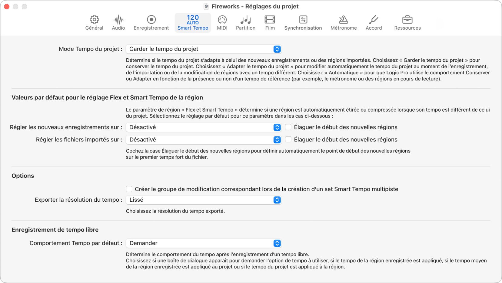 Figure. Réglages Smart Tempo du projet.
