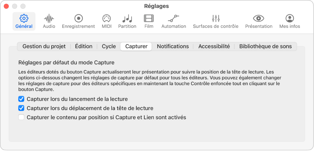 Figure. Réglages de capture.