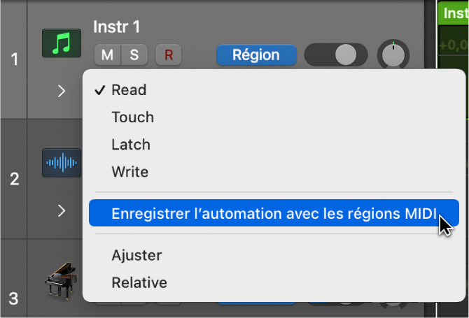 Élément de menu « Enregistrer l’automation avec les régions MIDI » dans le menu local « Mode Automation ».