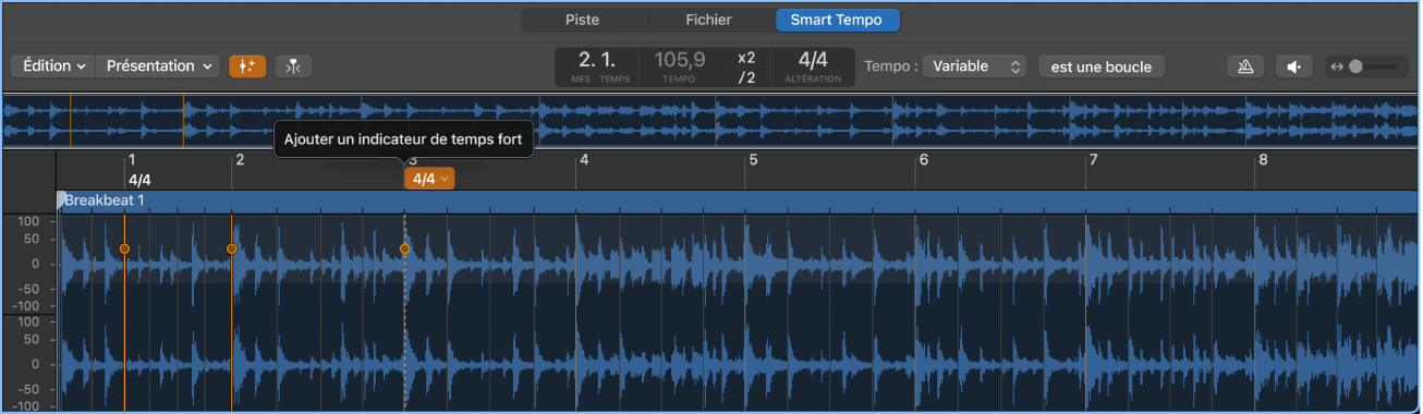 Figure. Éditeur de Smart Tempo avec un fichier audio et des indicateurs de temps.