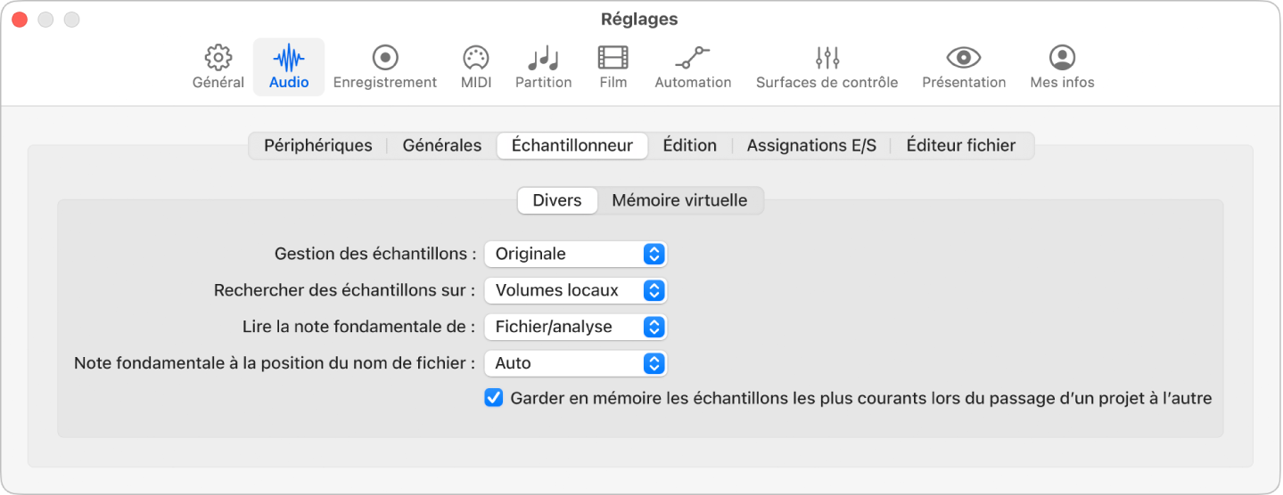 Figure. Réglages de l’échantillonneur