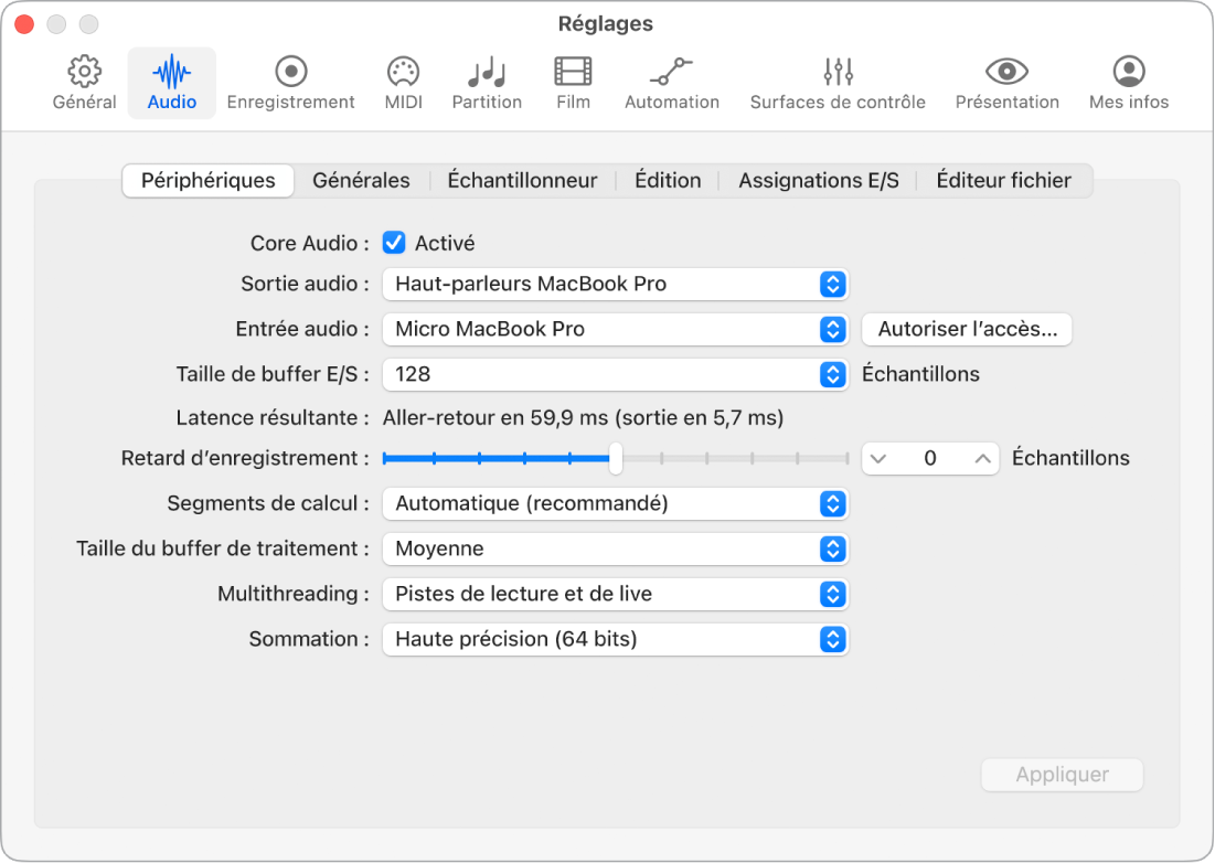Figure. Réglages des périphériques audio.