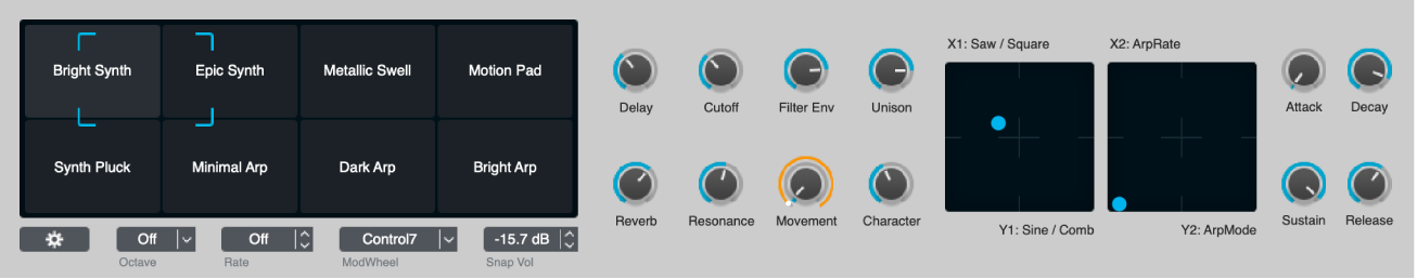 Figure. Section des commandes Performance affichant un Pad Transform, des potentiomètres et des pads XY.