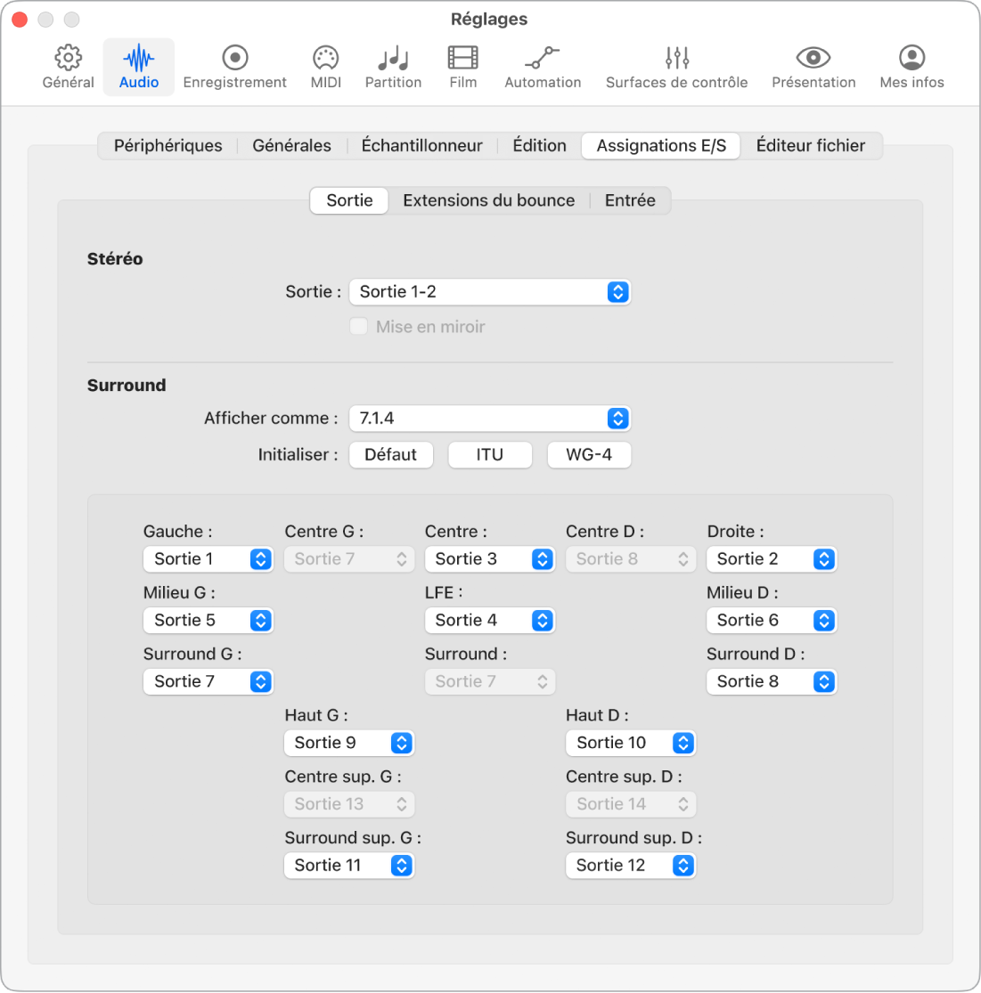 Figure. Sous-fenêtre Assignations E/S des réglages Audio.