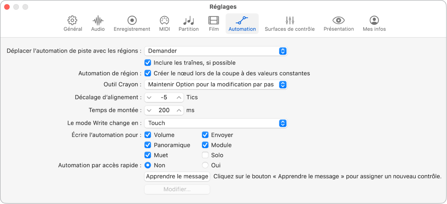 Figure. Réglages Automation.
