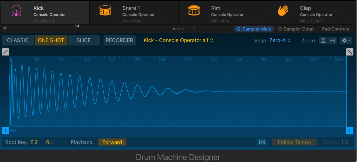 図。パッドが選択されているDrum Machine Designer。キットピースのSmart Controlパラメータが表示されています。