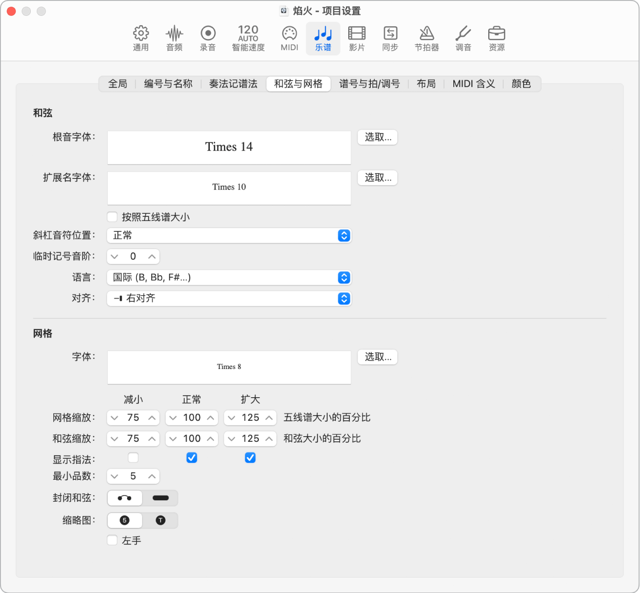 图。“和弦与网格”项目设置。