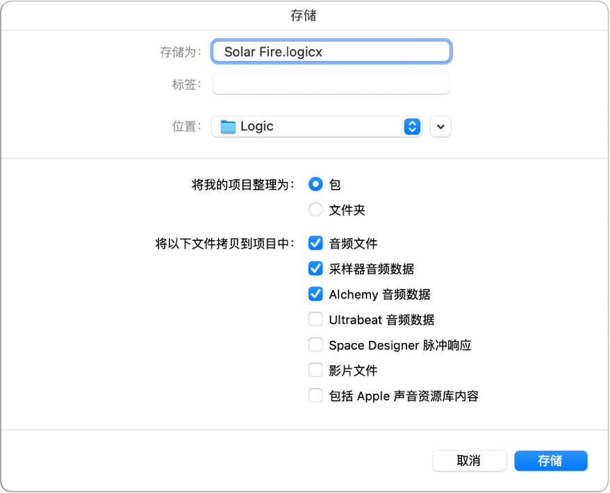 图。“保存为”对话框地步的复选框,用于选择要保存在项目中的各种资源。
