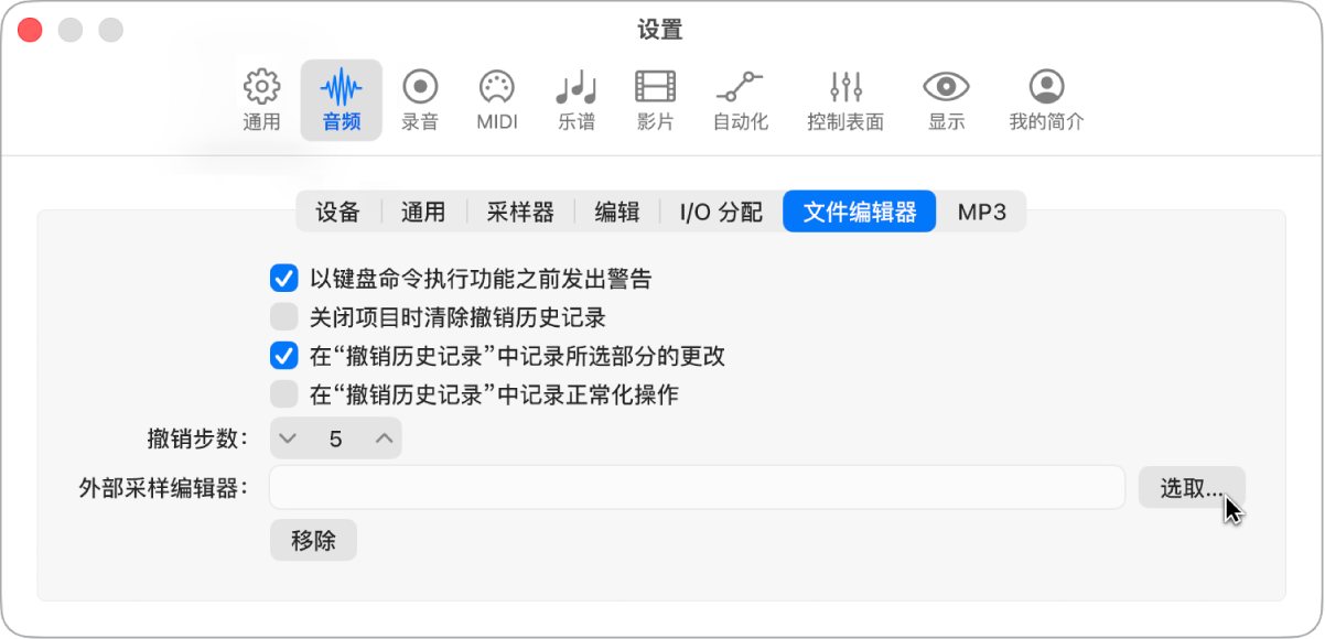 图。““音频”设置中的“文件编辑器”面板。
