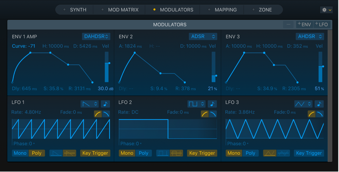 图。采样器的“调制器”面板,显示了包络和低频振荡器参数。