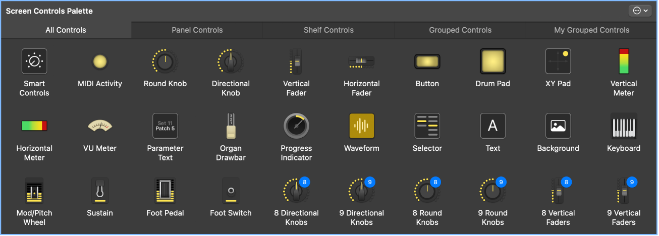 Figure. The Screen Controls palette showing all screen control types.