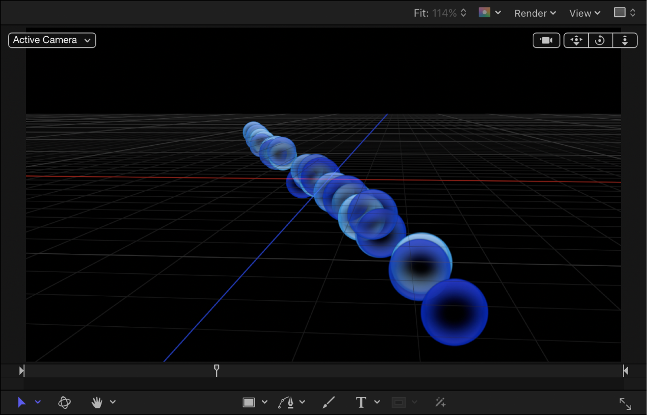 Canvas showing particles from a 2D line emitter adjusted in 3D space
