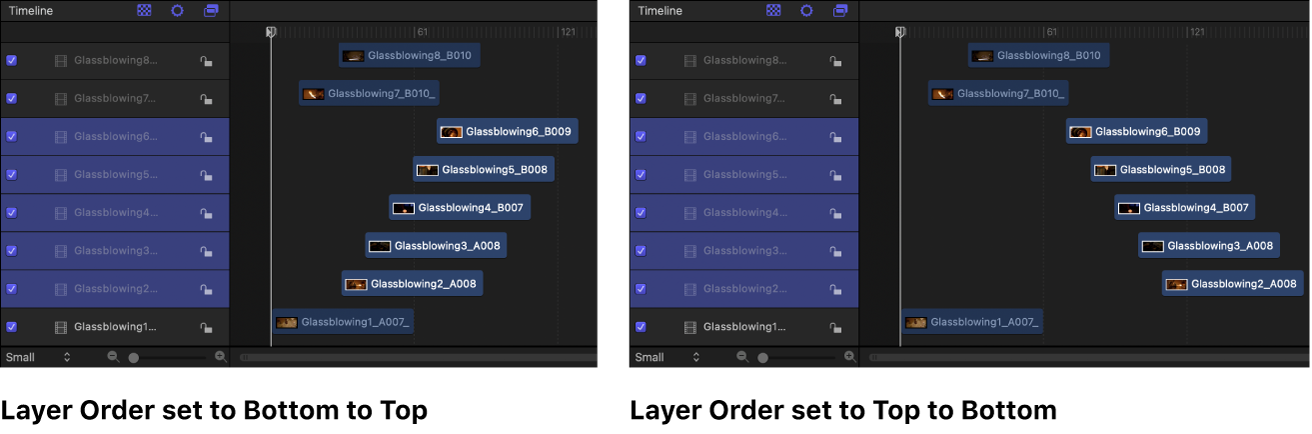 Timeline images showing offset selected layers. In the left image, Layer Order is set to Bottom to Top (layers are offset from the bottom-most object in the layer stack); in the right image, Layer Order is set to Top to Bottom (layers are offset from the top-most object in the layer stack).
