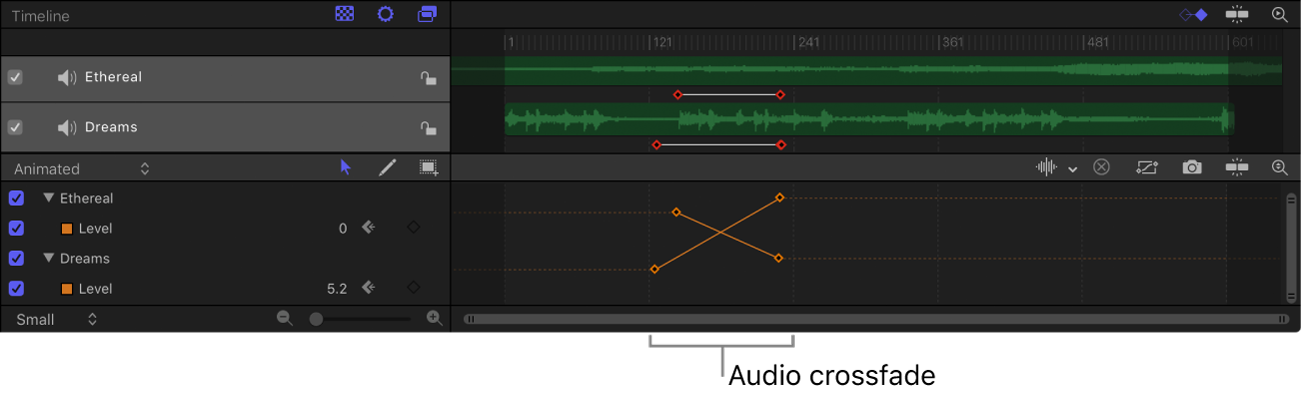 Ejemplo de fundido de audio en el editor de fotogramas clave