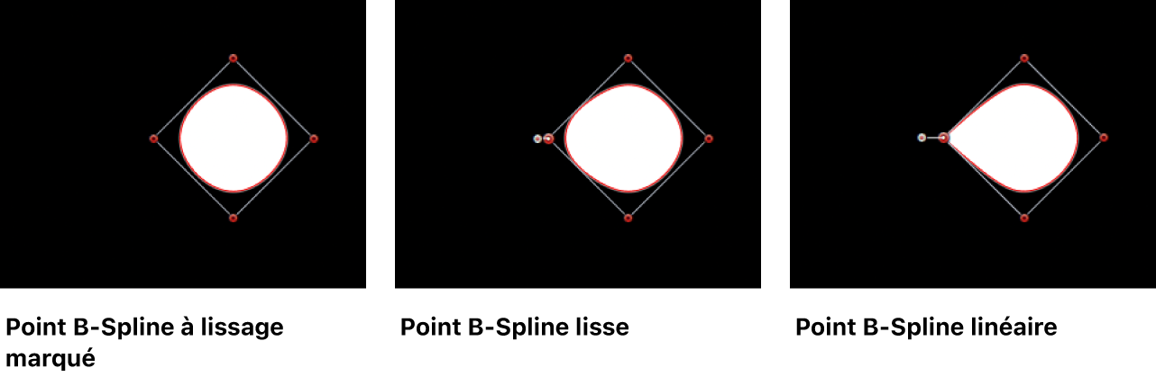 Canevas affichant des points B-Spline réglés sur Lissage fort, Lissage et Linéaire