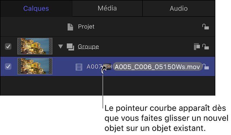 Liste Calques affichant le pointeur courbe utilisé pour échanger un calque