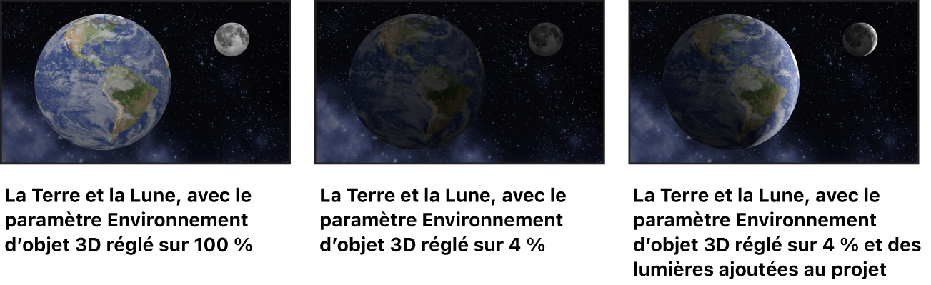 Images montrant l’effet des réglages Environnement sur des objets 3D