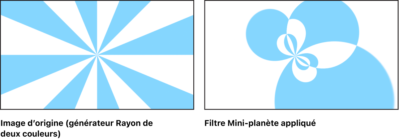 Canevas affichant l’effet du filtre Mini-planète sur un générateur Rayon de deux couleurs