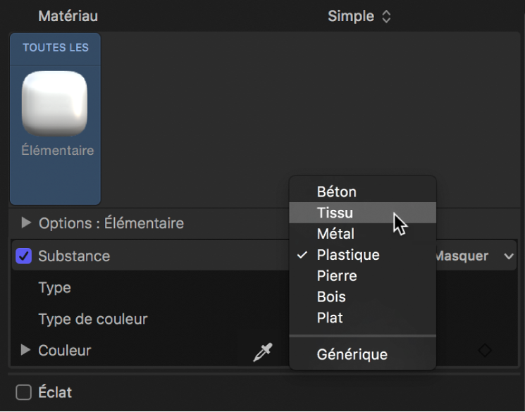 Inspecteur de texte 3D affichant le menu local Substance