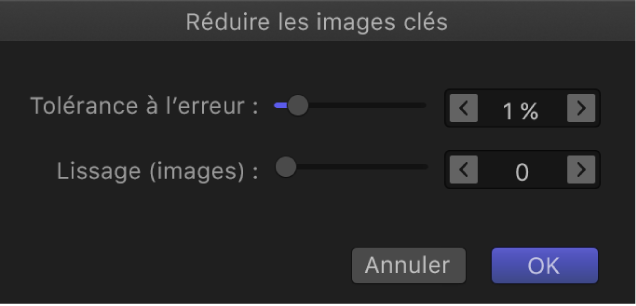 Zone de dialogue « Réduire les images clés »