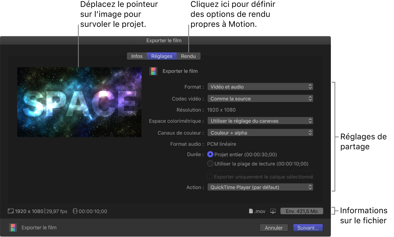Sous-fenêtre Réglages de la fenêtre Exporter le film