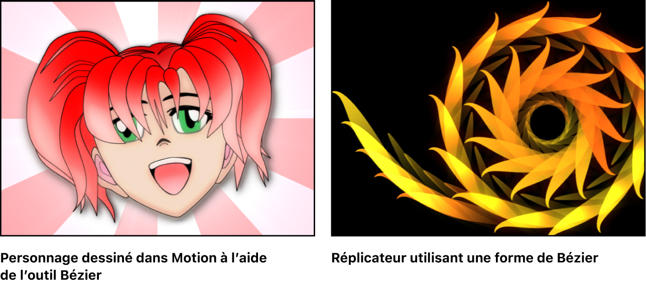 Exemples : caractère tracé à l’aide de l’outil Bézier ; réplicateur créé à l’aide d’une forme de Bézier