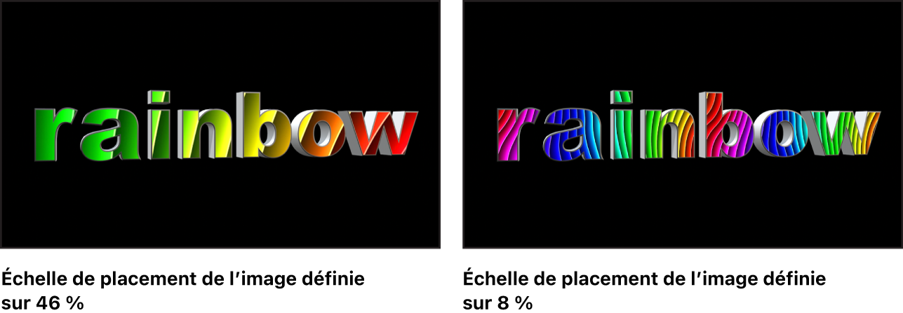 Canevas affichant un texte 3D avec une image positionnée dont l’échelle est réglée sur 80 % et une autre dont l’échelle est réglée sur 22 %