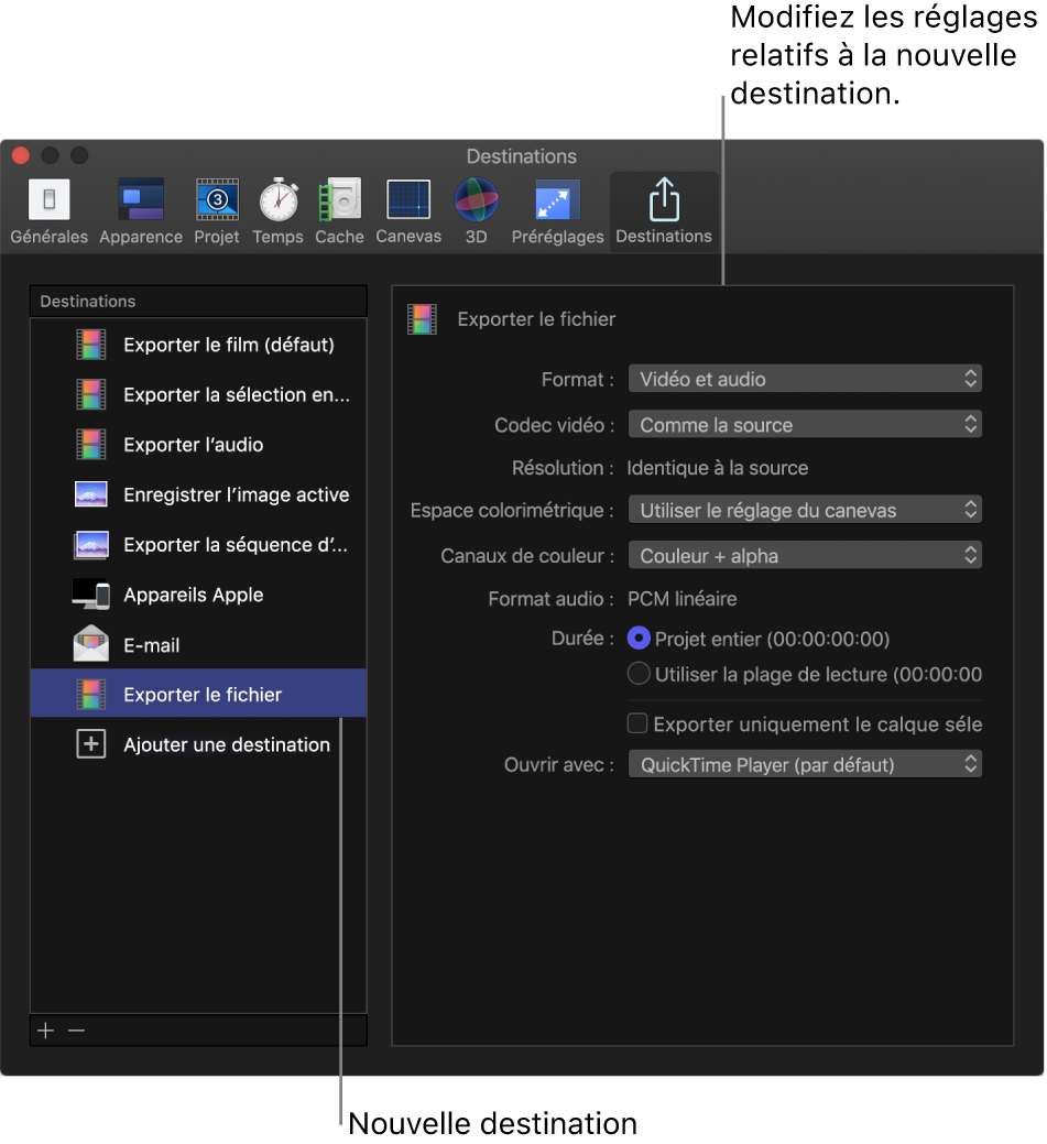 Fenêtre Réglages de Motion affichant la sous-fenêtre Destinations avec la destination « Exporter le fichier » sélectionnée dans la liste Destinations de gauche et les réglages correspondants affichés à droite