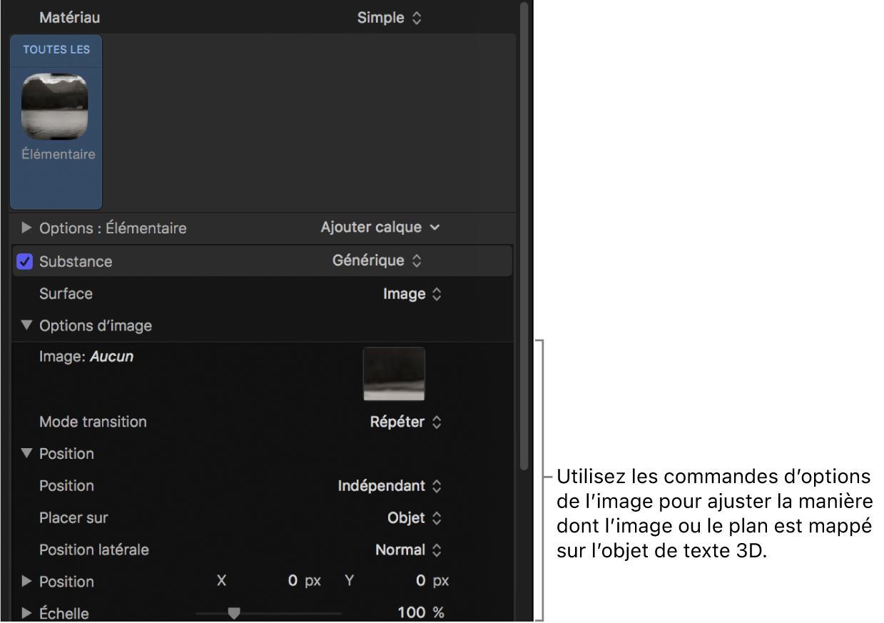 Options d’image dans la fenêtre Apparence de l’inspecteur de texte