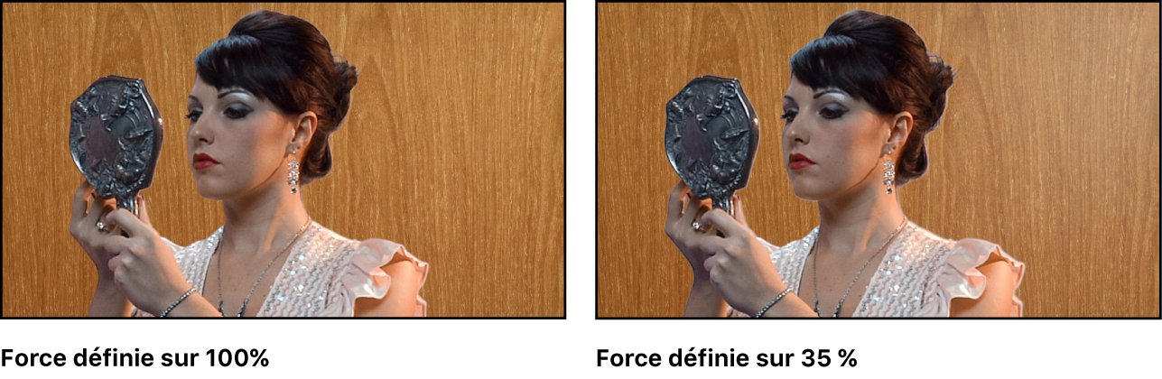 Comparaison de deux images incrustées dans le canevas. Dans le premier exemple, la valeur Force est définie sur 100 pour cent. Dans le deuxième exemple, la valeur Force est définie sur 35 pour cent.