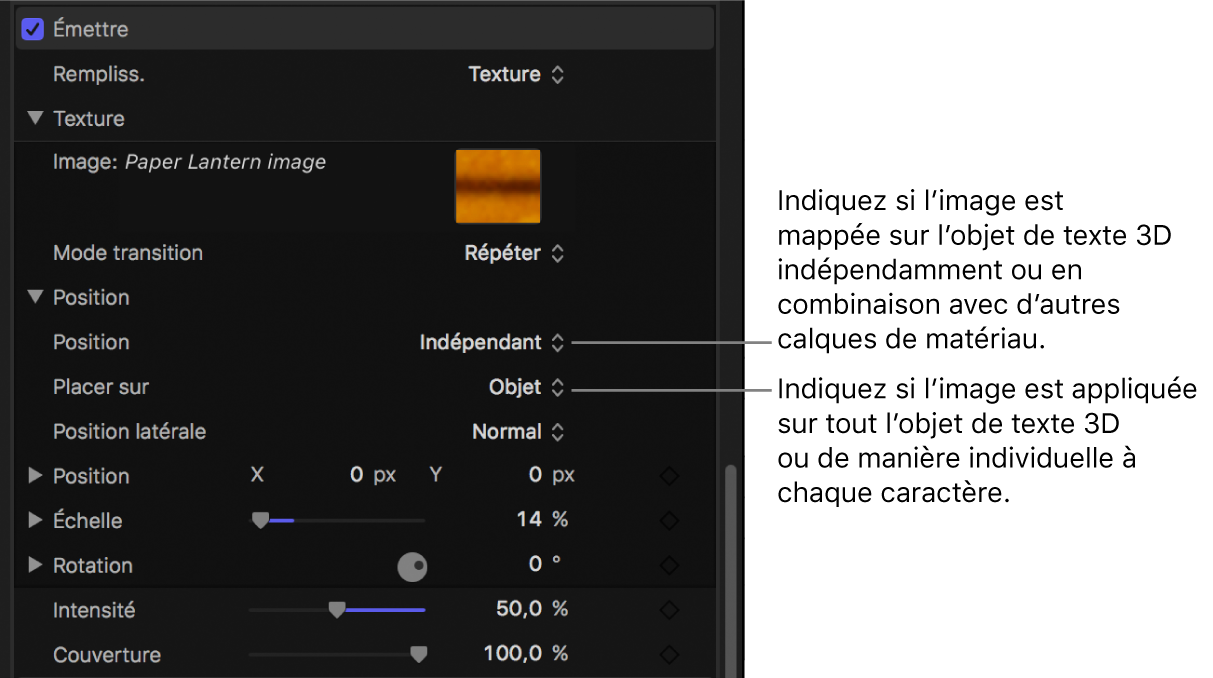 Commandes Position et « Placer sur » dans la fenêtre Apparence de l’inspecteur de texte