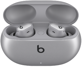 Beats Studio Buds + och laddningsetui i kosmiskt silver.