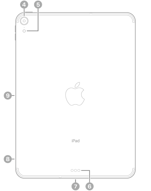 عرض للجزء الخلفي من iPad Pro مع وسائل شرح للكاميرا الخلفية والفلاش في أعلى اليسار، والموصل الذكي و USB-C في أسفل الوسط، وحامل الشريحة (في طرز Wi-Fi + خلوي) في أسفل اليسار، والموصل المغناطيسي لقلم Apple على اليسار.