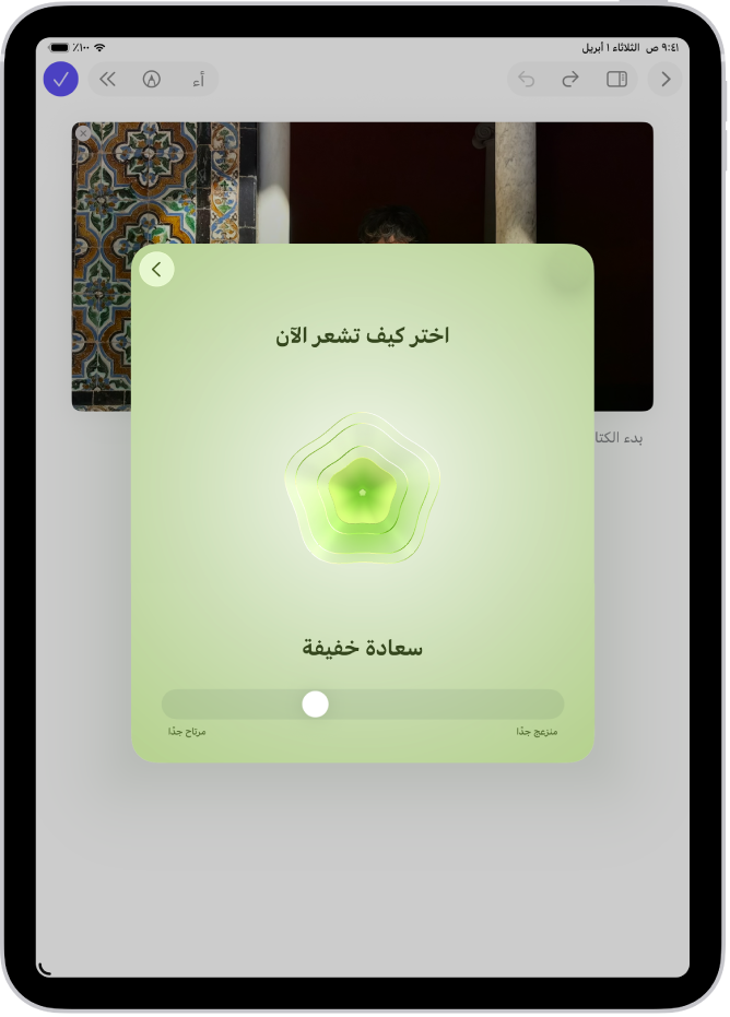 شاشة في تطبيق اليوميات يظهر بها مربع يمكنك تسجيل حالتك المزاجية فيه.