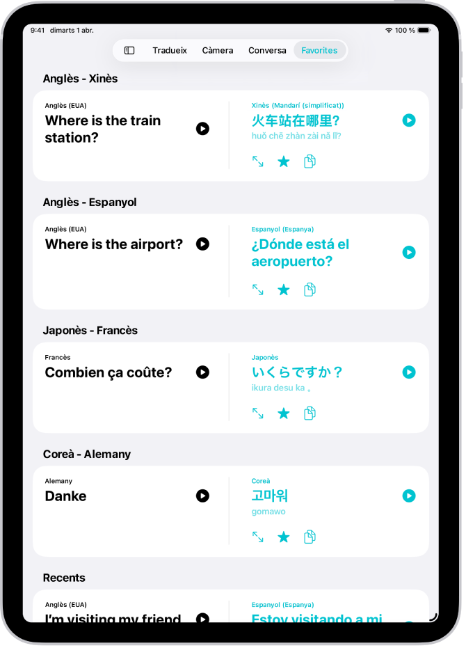 La pestanya “Favorites” amb les frases desades traduïdes a diversos idiomes.