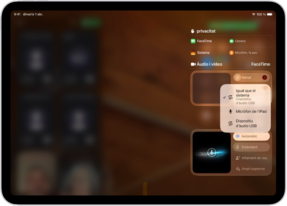 Els controls per seleccionar una font d’entrada d’àudio per a una trucada del FaceTime.