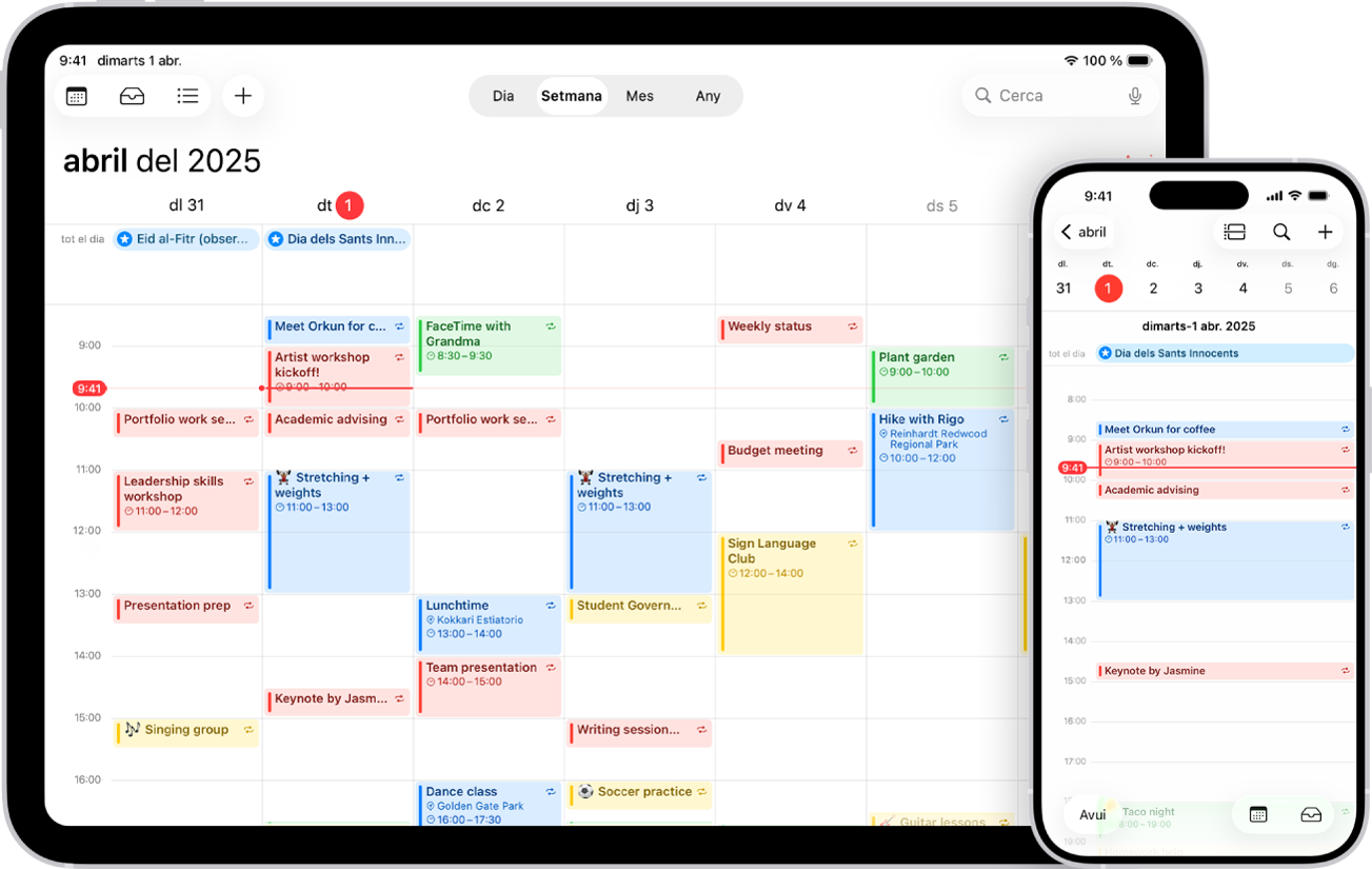 Un calendari a l’iPad a la vista setmanal i el mateix calendari a l’iPhone a la vista diària.