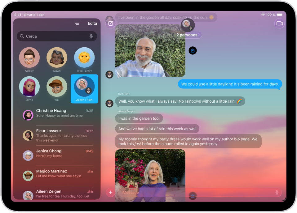 Una conversa de l’app Missatges amb un fons dinàmic.