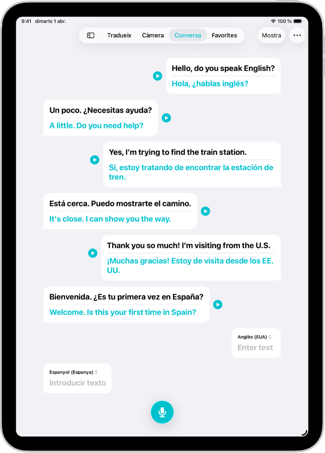 Pestanya Conversa que mostra bafarades de xat i les traduccions corresponents.