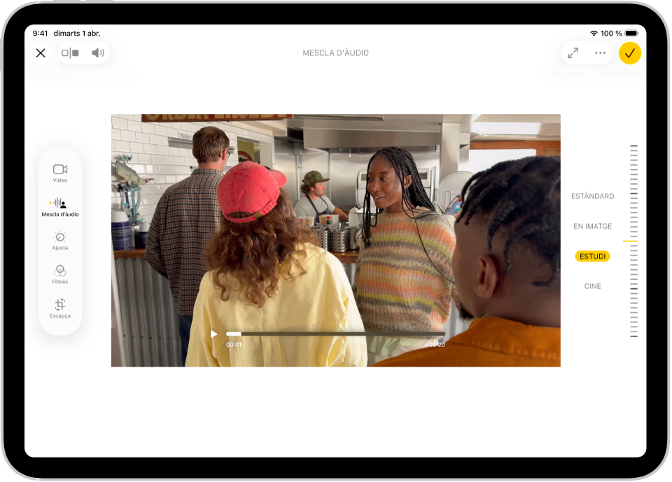 S’obre un vídeo a l’app Fotos. Al costat esquerre de la pantalla hi ha els botons d’edició “Vídeo”, “Mescla d’àudio”, “Ajusta”, “Filtres” i “Escapça”. Se selecciona “Mescla d’àudio”. A la banda dreta de la pantalla hi ha els botons per ajustar les opcions de so: “Estàndard”, “En imatge”, “Estudi” i “Cine”. L’opció “Estudi” està seleccionada.