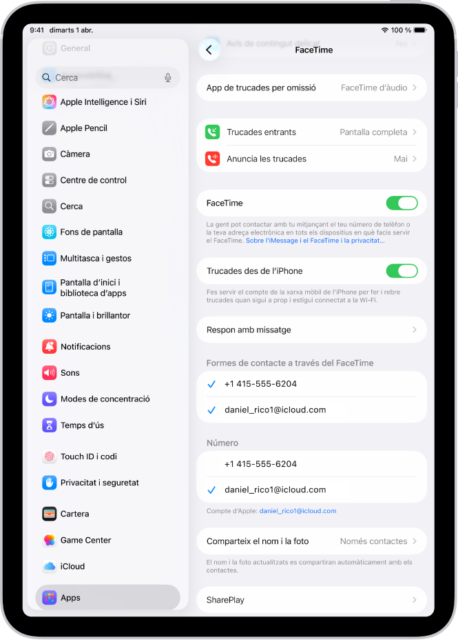 La pantalla de configuració del FaceTime amb el control per activar o desactivar el FaceTime i el teu número de telèfon i adreça electrònica de contacte.