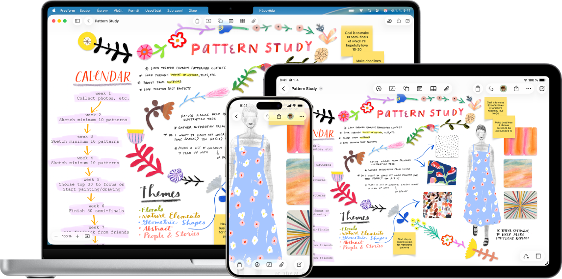 Mac, iPad a iPhone se stejnou tabulí aplikace Freeform.